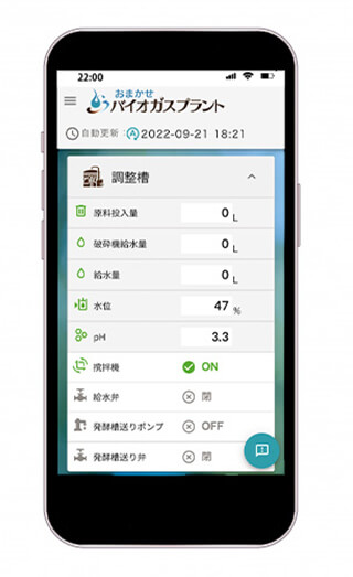 バイオガスプラントの稼働状況を表示する監視システム画面（スマホ版）